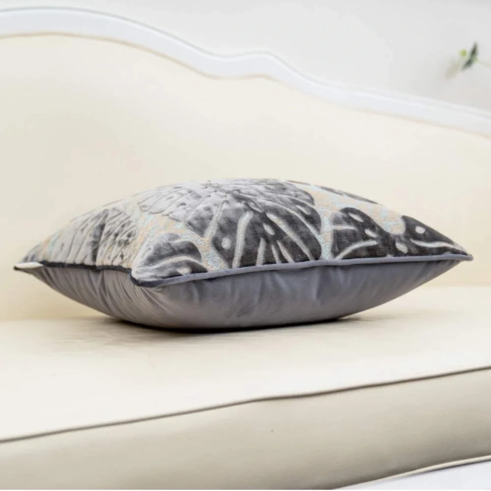 Luxury Home | Boho Grey Velvet Tropical Leaf Jaquard Lumbar Throw Pillow Cover